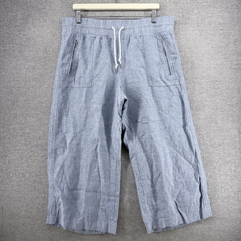 Athleta Cabo Linen Wide Leg Pants Women Size 16 Blue Casual Drawstrings Summer